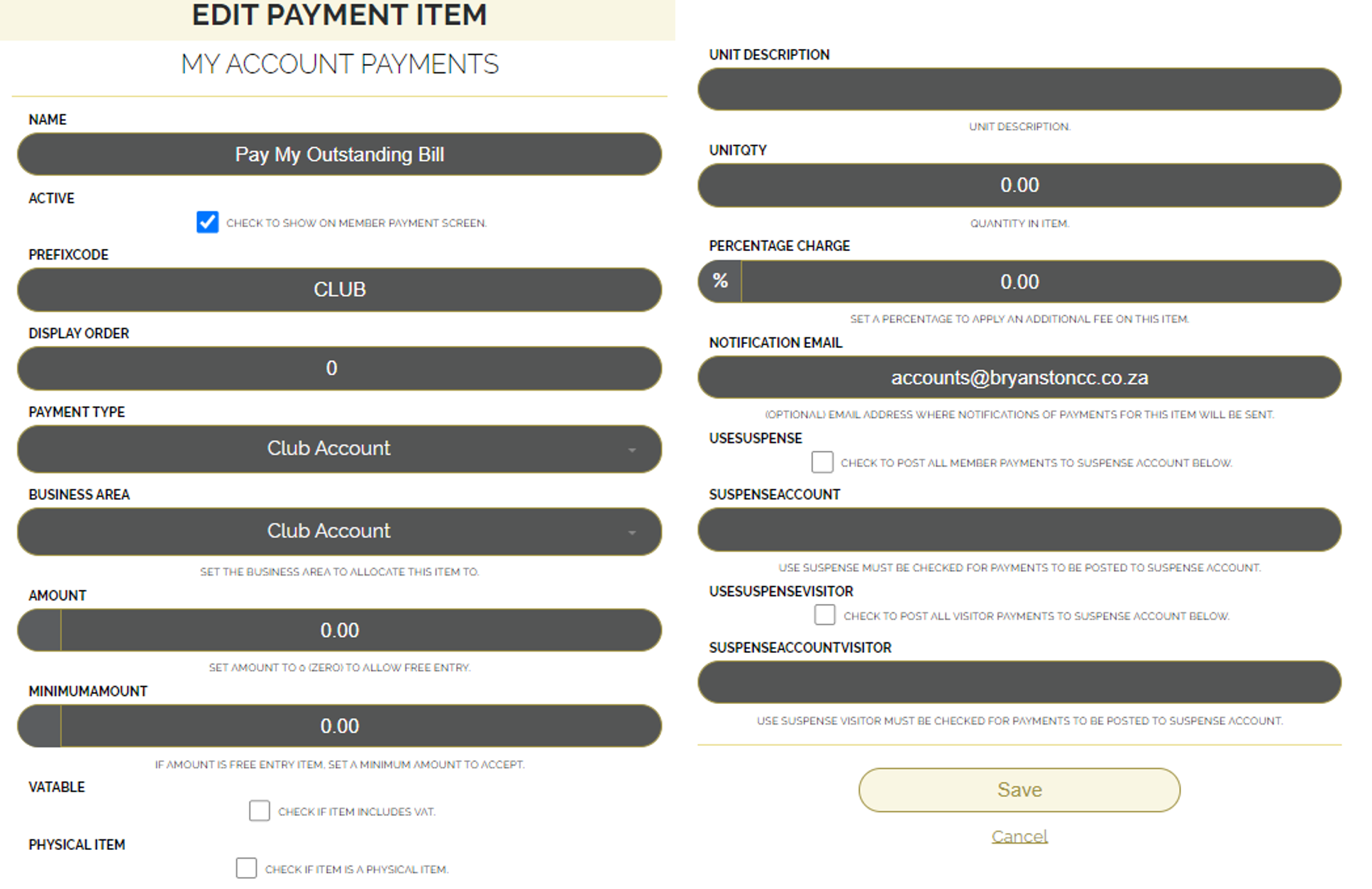 Payment Items page